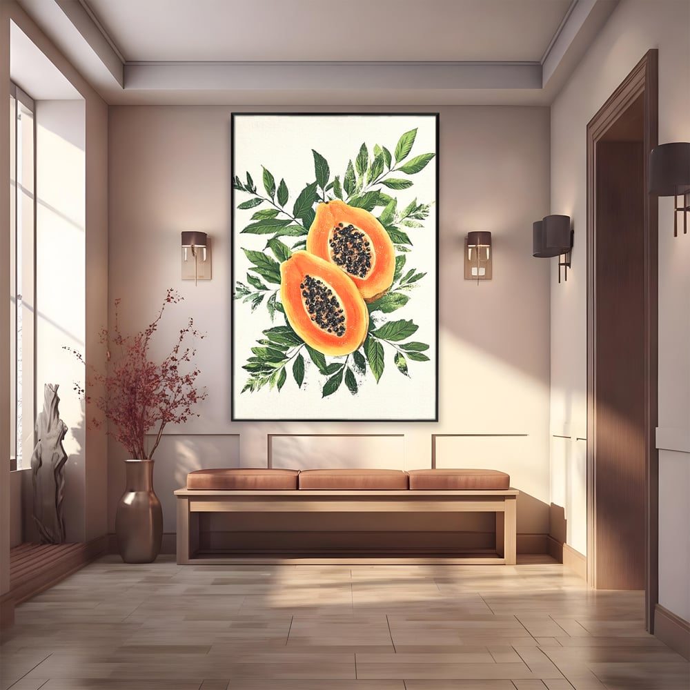 Tablou canvas cu ilustratie cu papaya si frunze tropicale, in rama de aluminiu negru